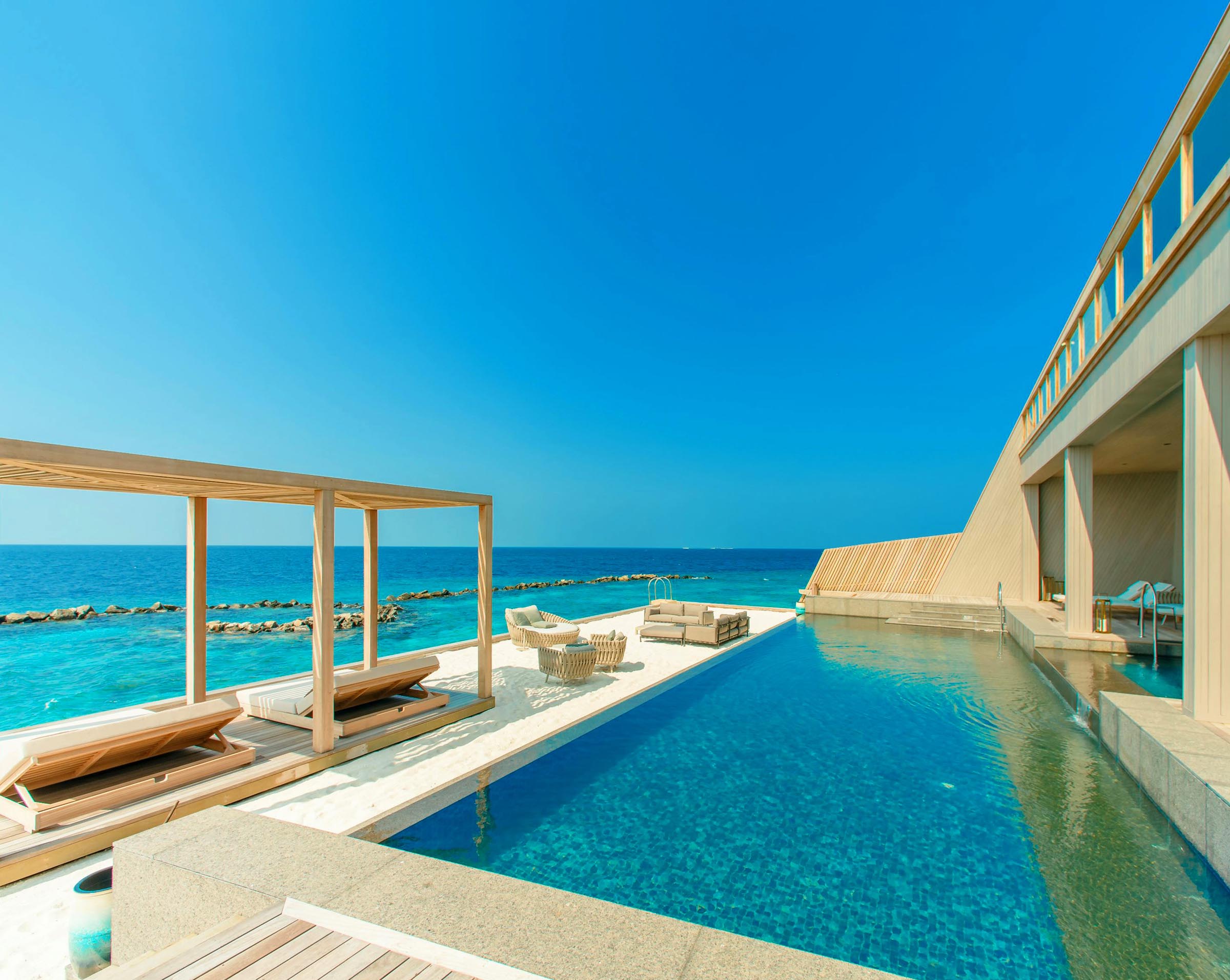 Pristine blue pool at luxury accomodation at the Grand Island Resorts